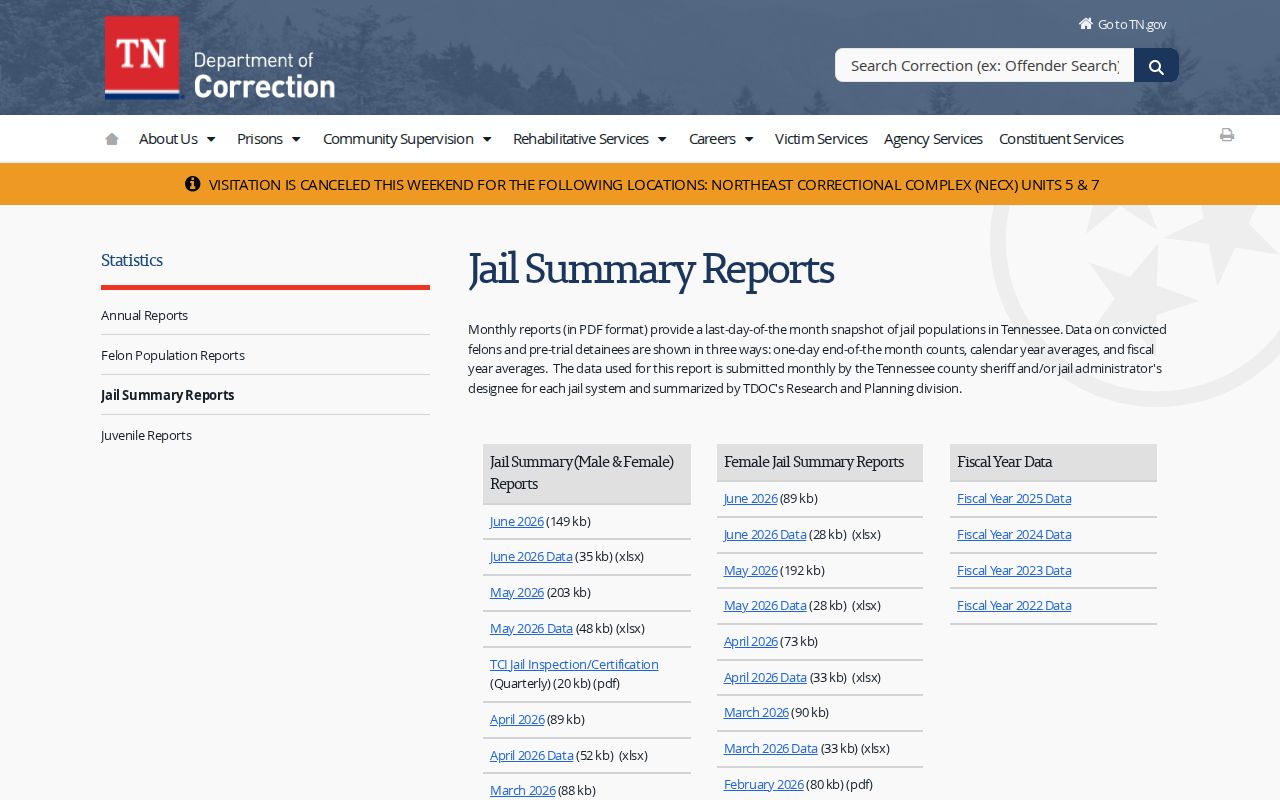 Tennessee jail summary reports distinguished from Grainger County 72-hour release records