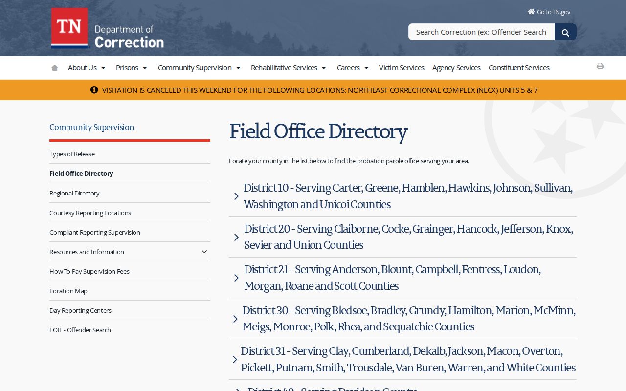 Grainger County parole and probation field office directory