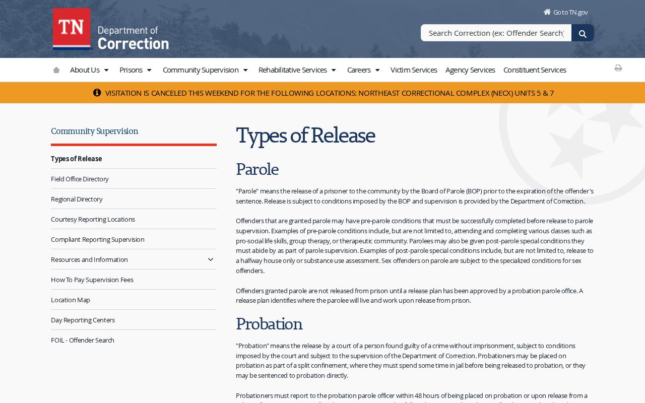 Grainger County projected release date and TDOC release types