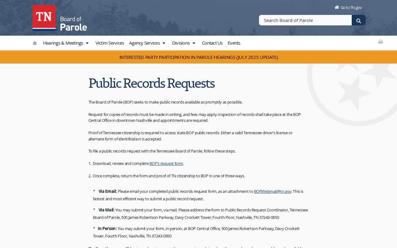 Grainger County custody alert and parole decision records route